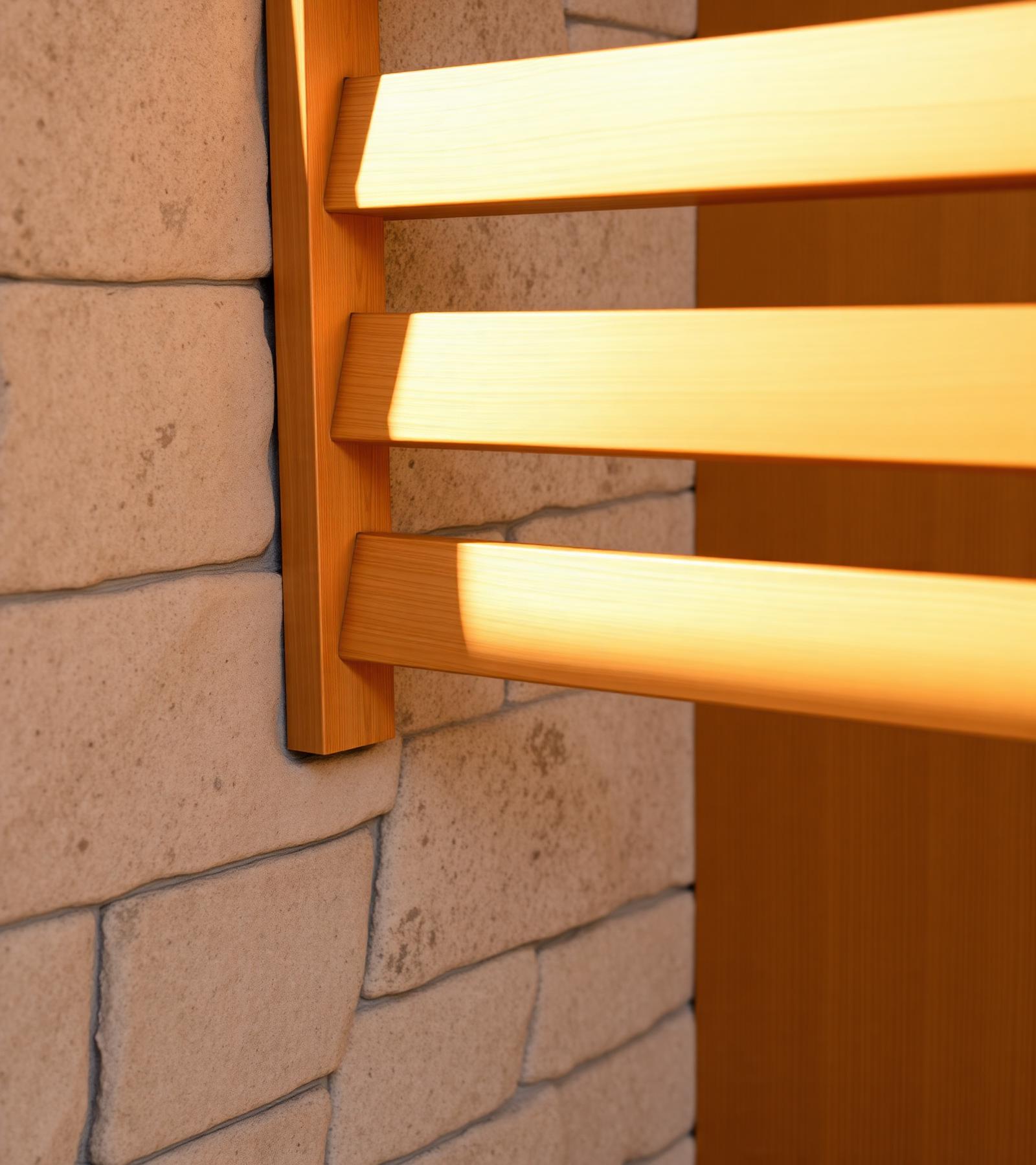 Detail of warm timber slats meeting natural stone wall