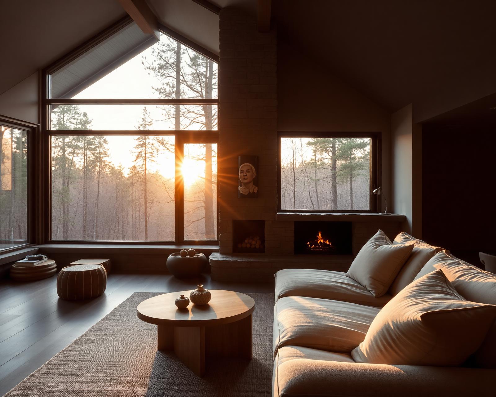 Warm interior with fireplace and forest views at sunset