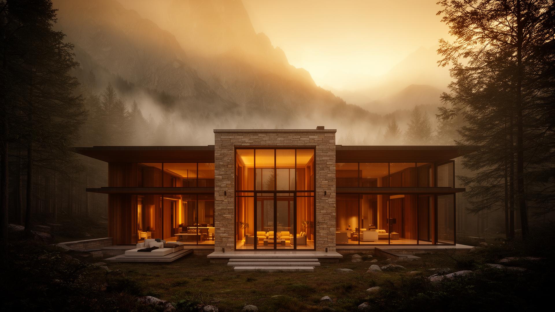 A luxury architectural retreat at golden hour in misty mountains
